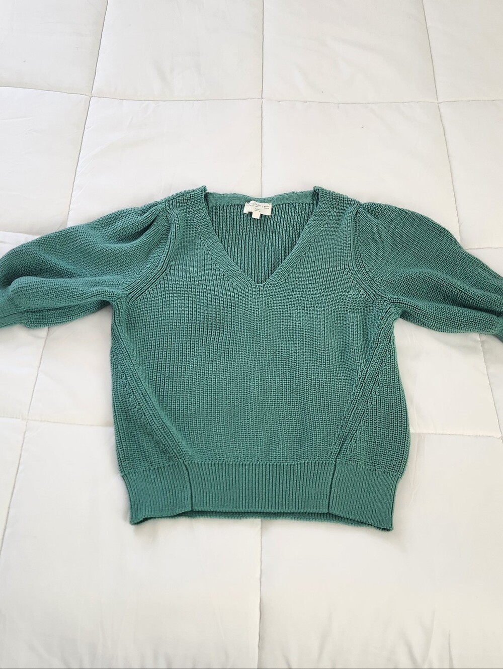 Gentle Fawn V-Neck Puff Sleeve Sweater in Teal Green Size XXS